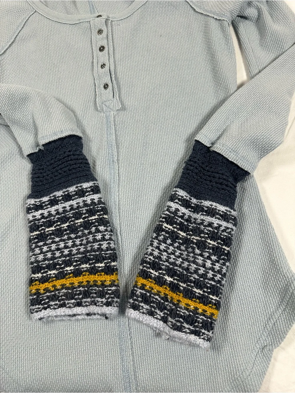 Y2K Free People Ski Lodge Cuff Thermal Henley Lake Blue Combo Size Medium Boho